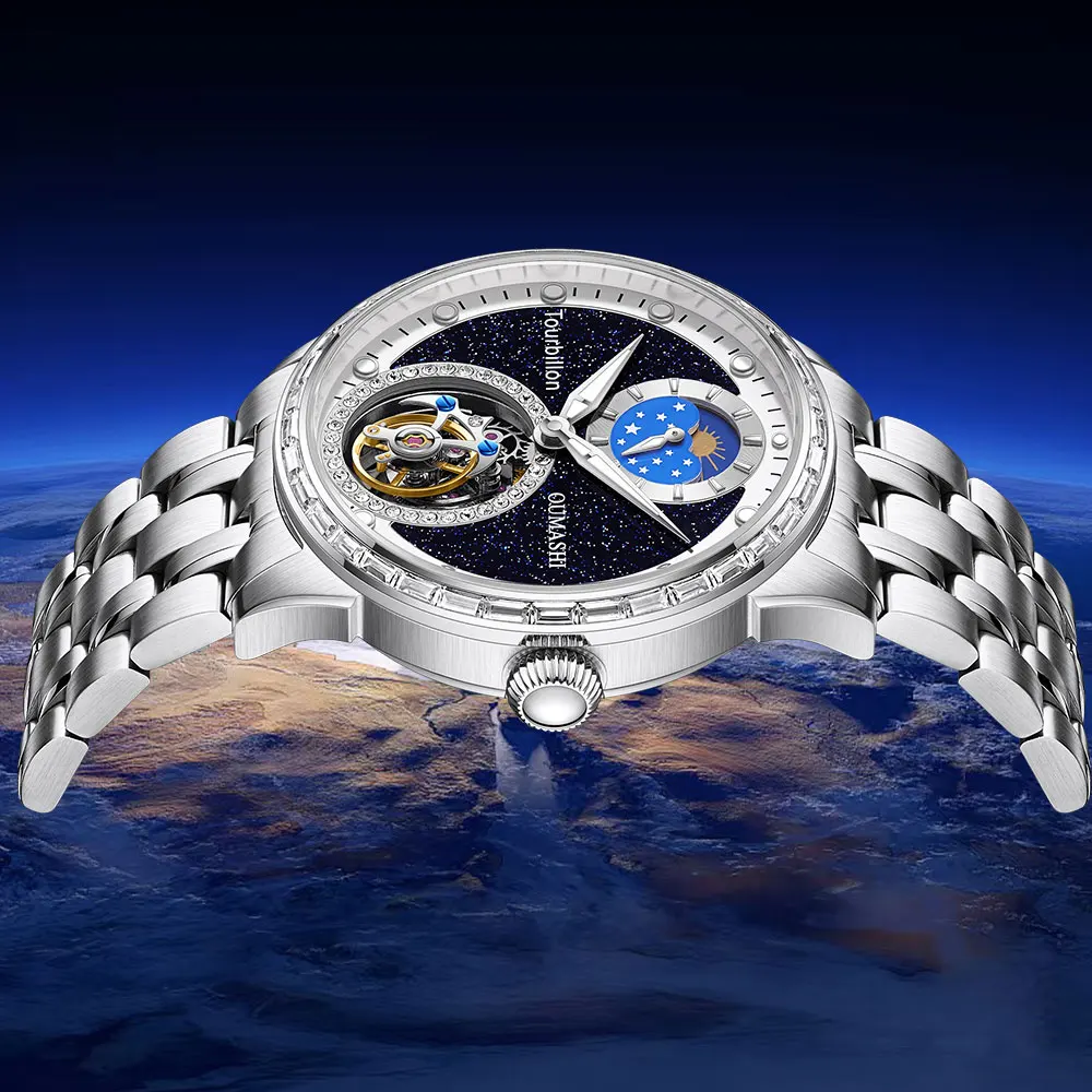 Часы 43 мм, мужские автоматические механические солнцезащитные часы с турбийоном и звездой, водонепроницаемые деловые модные часы для пожилых людей