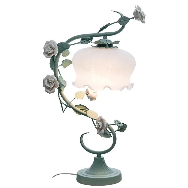 Sandyha Light Pastoral Flower Led Glass Table Lamp Bedside Nightstand Reading For Bedroom Mesita De Noche Dormitorio Home Decor