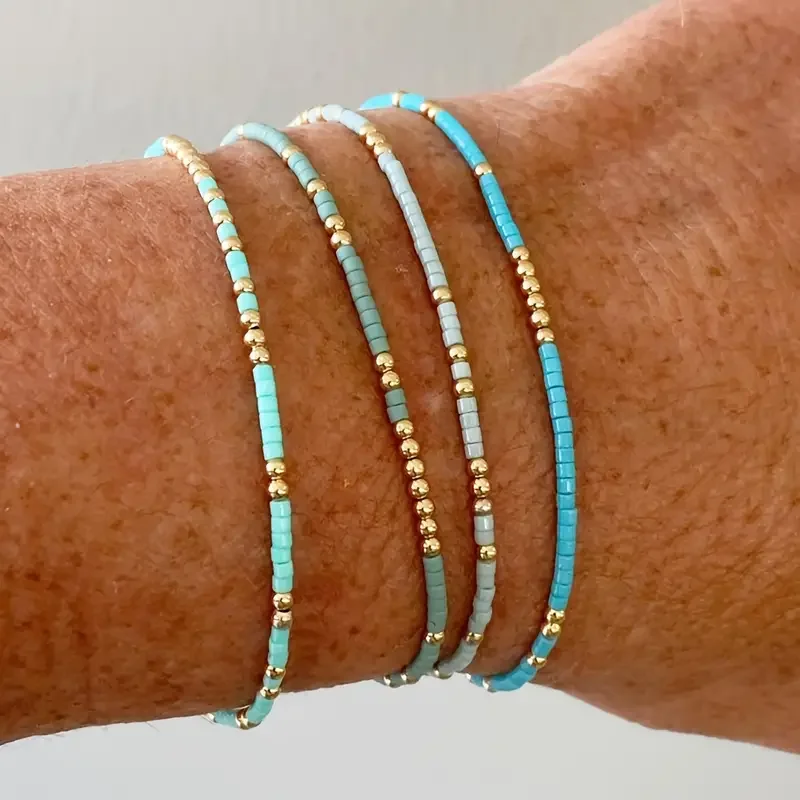 

4 PCS Turquoise Color Seedbeads Stretch Bracelet Set Bohemia Gold Color Glassbeads Elastic Handmade Girls Vacation Jewelry