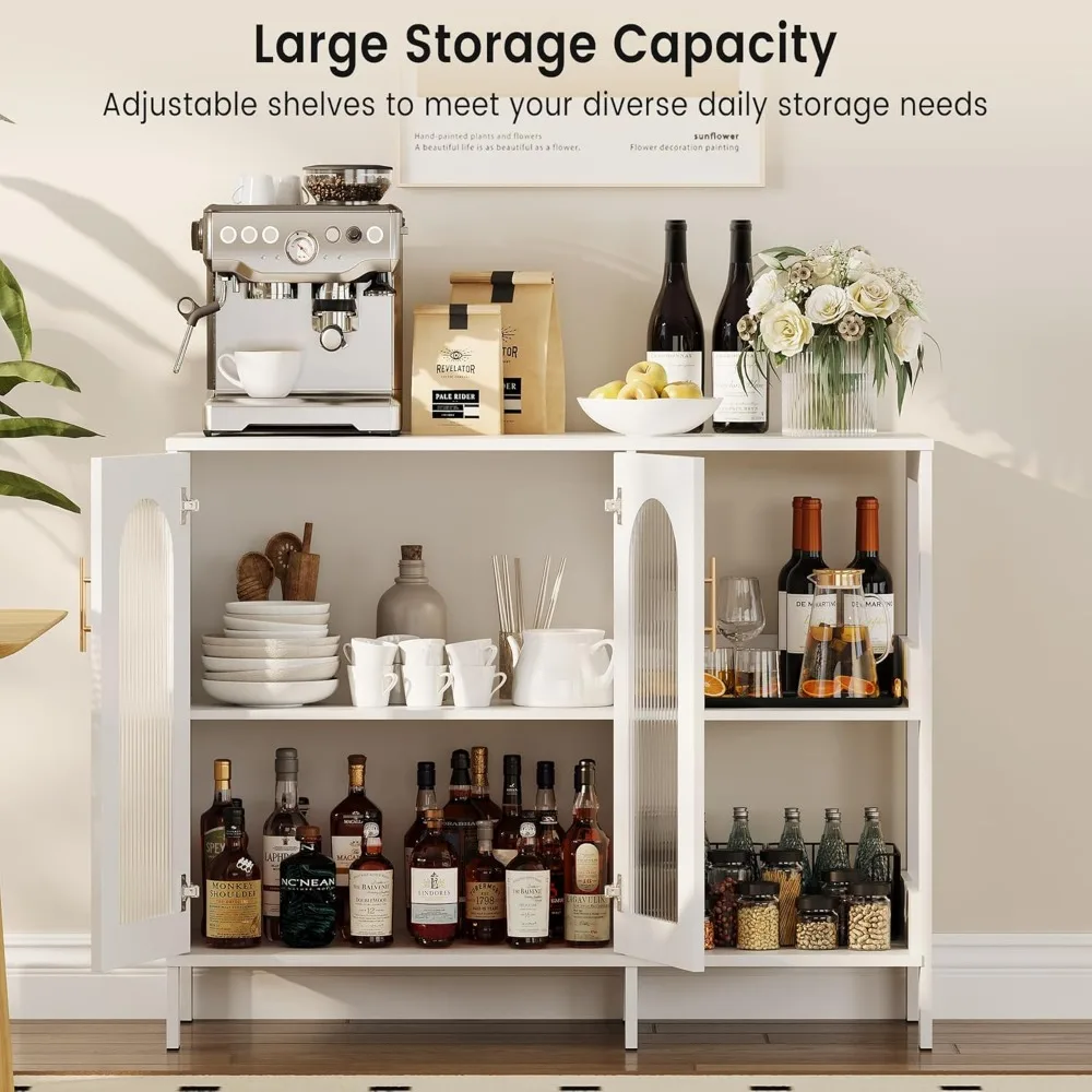 خزانة جانبية للبوفيه من GAOMON، تخزين خشبي مع أبواب زجاجية، مقبض معدنيين، خزانة تخزين مع أرفف قابلة للتعديل، وضعية