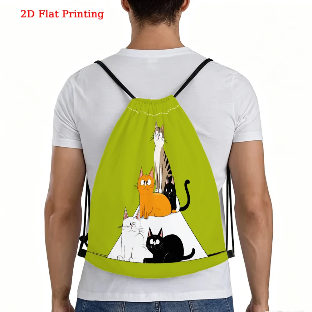 Cute Cartoon Style, Drawstring Backpack, 2D Flat Printing Funny Cats Pattern, Fitness Sports Bag, Outdoor Travel Drawstring Pack