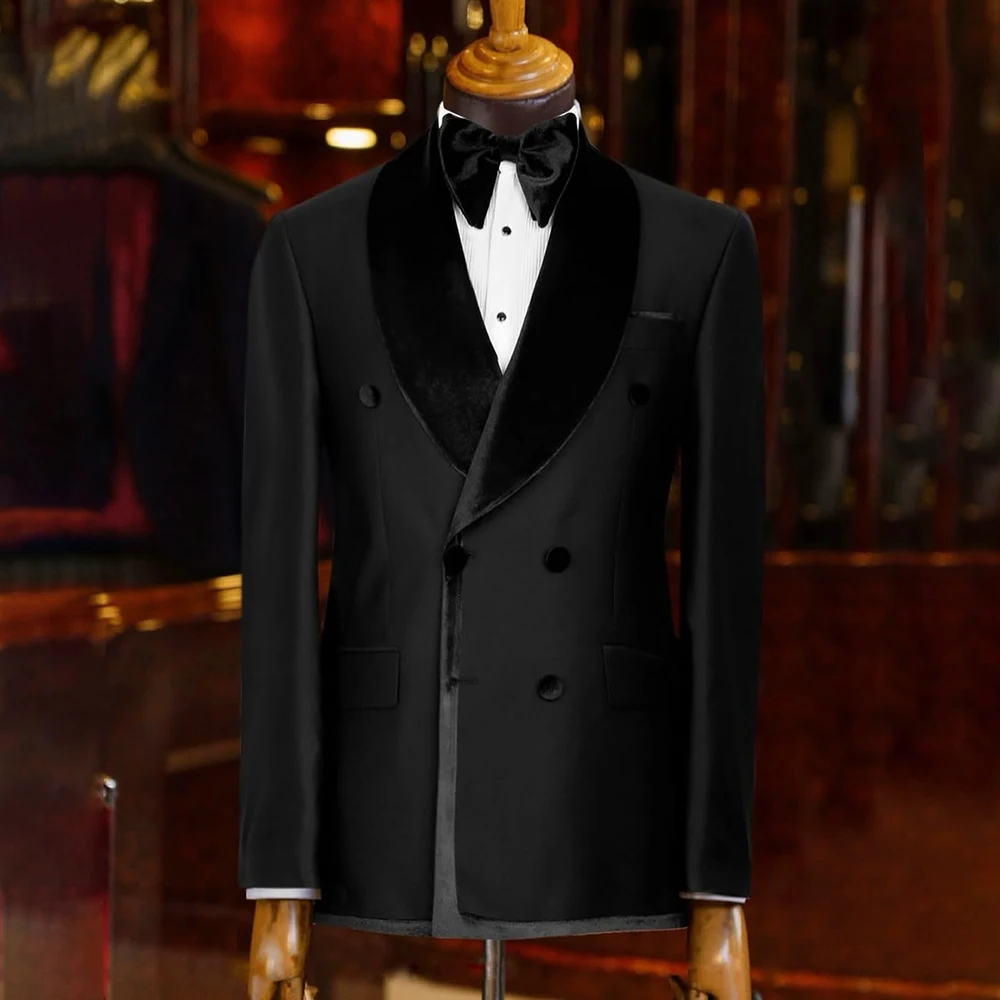 

Bespoke Black Suits for Men Formal Double Breasted Shawl Lapel Slim Fit 2 Piece Jacket Pants Full Sets Elegant Wedding Outfits