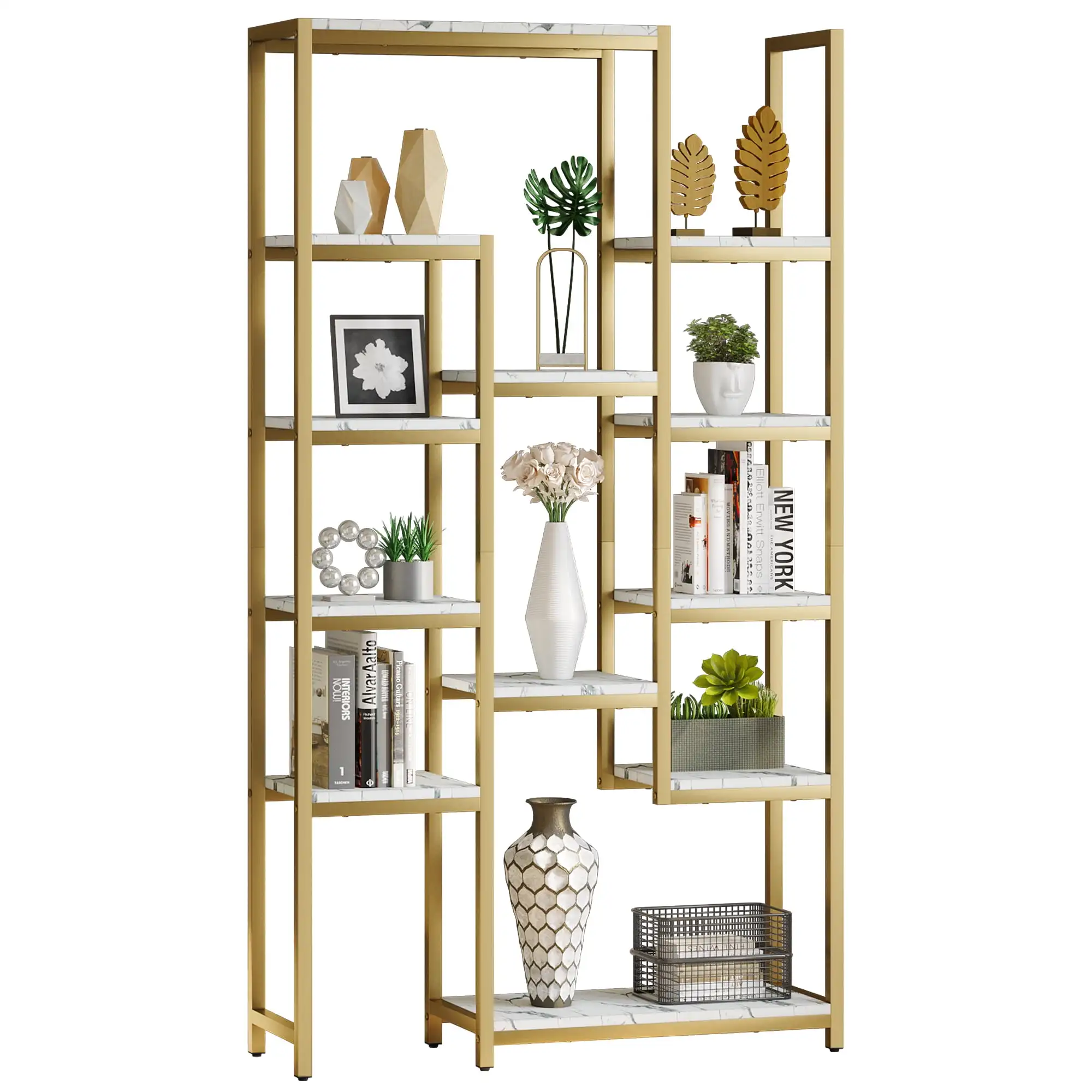  6 Tier Bookshelf Tall Modern Free Standing Bookcase with 12 Shelf Open Display Shelf Storage Book for Office Home Gold