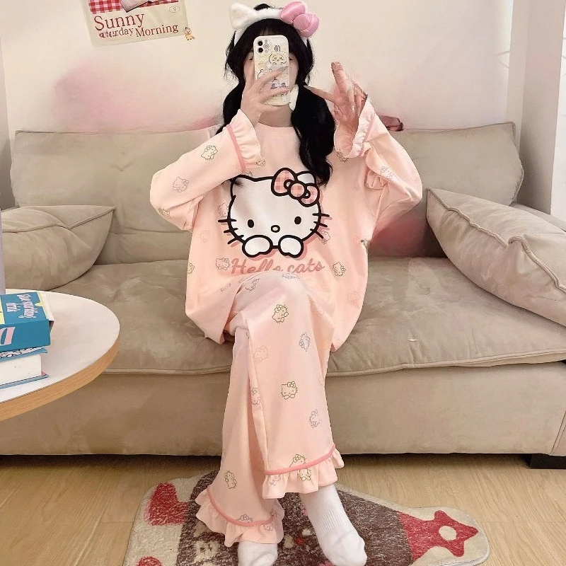 

Cute Hello Kitty Pajamas for Girls Pure Cotton Spring and Autumn Long-sleeved Loose Plus Size Fat Mm Teen Student Home Clothes