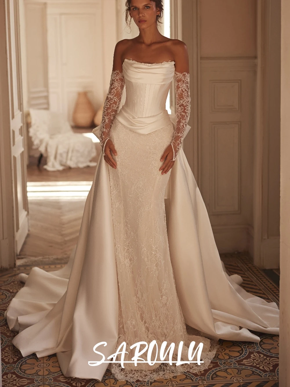 

Richly Off-the-shoulder Corset Mermaid Wedding Dress Detachable Lace Long Sleeves Back Bow Bridal Gown For Wedding & Engagement