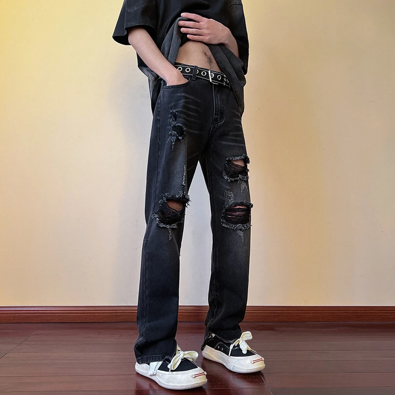

Ripped Slim Fit Men's Denim Jeans American Retro High Street Summer New Korean Version Long Straight Leggings Trendy