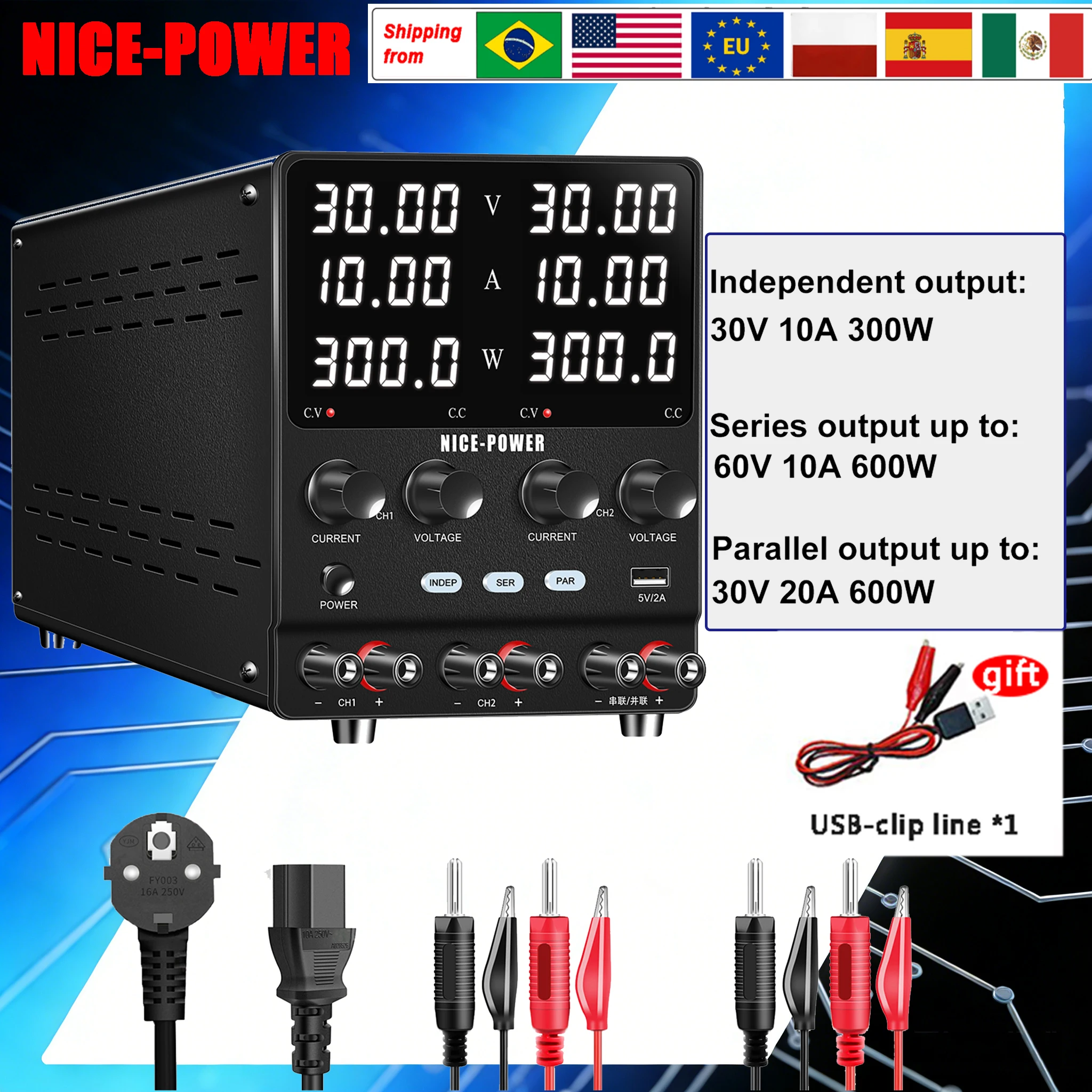 NICE-POWER 30V 10A Laboratory Power Supply Adjustable CH1 CH2 USB 3 Channel Output Power Supply Voltage Regulator 0-240V3A 60V5A