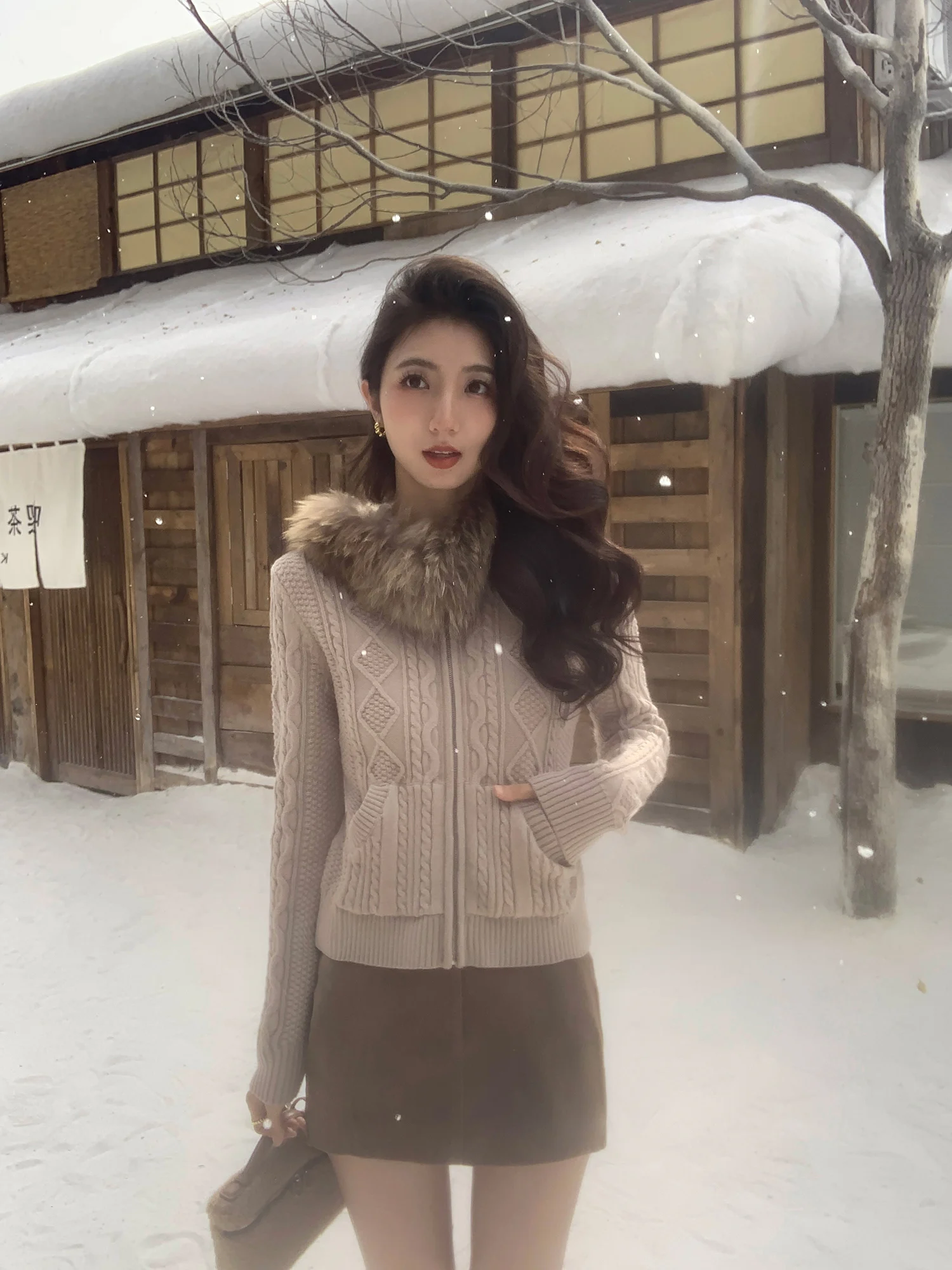 

Mulvan Snow Domain Incense Hooded Knitted Open Cardigan Women's Design Twist Zipper Sweater Coat Rabbit Fur Collar Long Sve