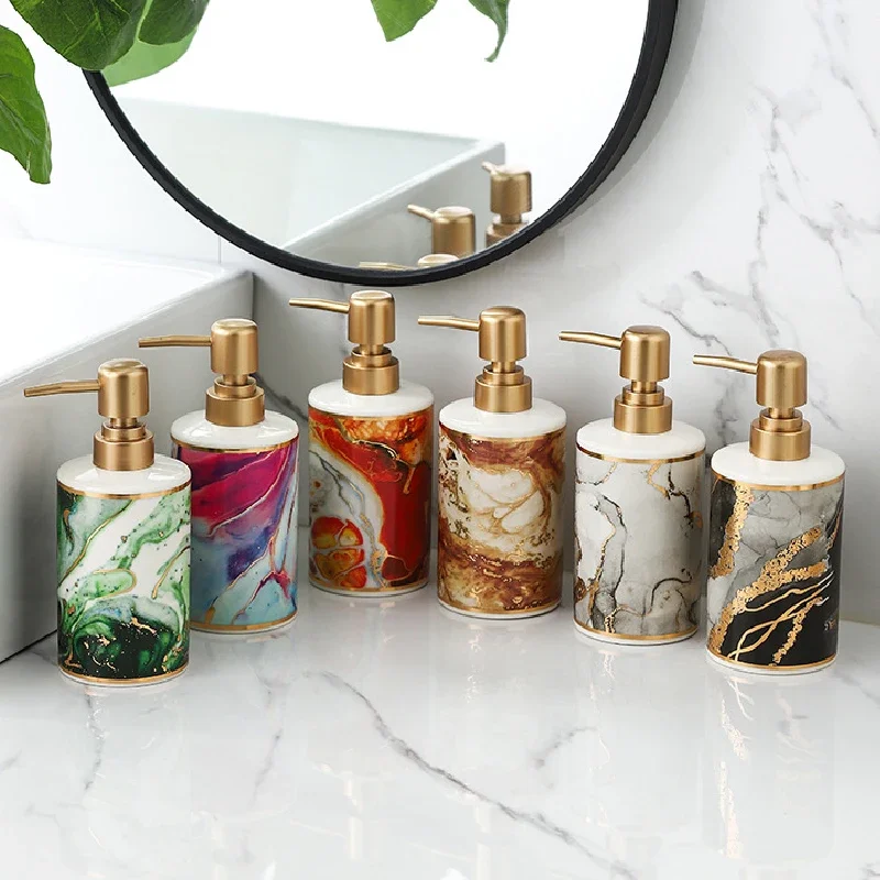 Gold-plated Marble Soap Dispenser Creative Ceramic Emulsion Bottle Bathroom Decoration Hand Sanitizer Shampoo Pressure Bottle