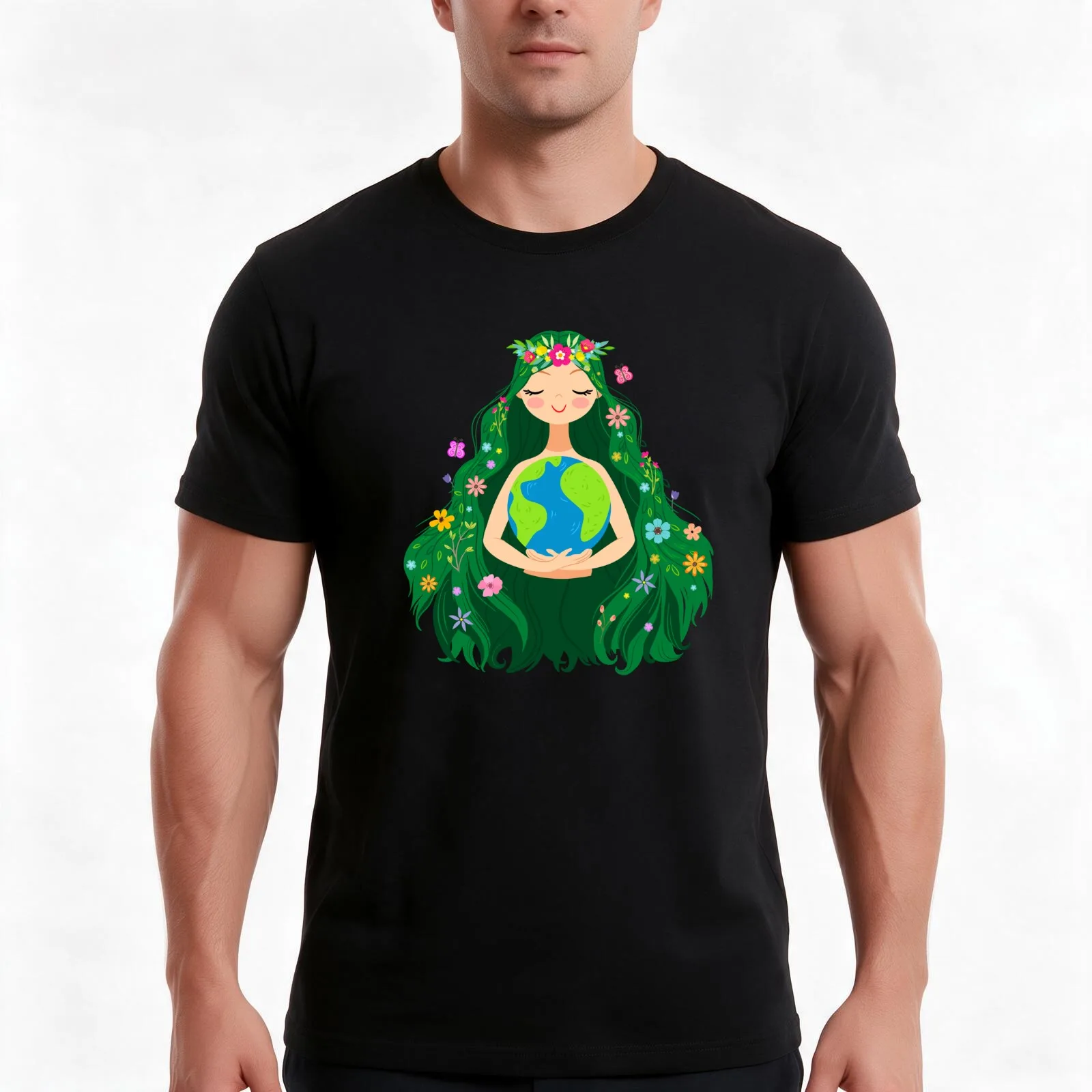 Beautiful Flowing Flower Earth Mother Figure T-Shirt, Summer Casual Cotton Tee, Oversized Streetwear Tops, Vintage Graphic Print