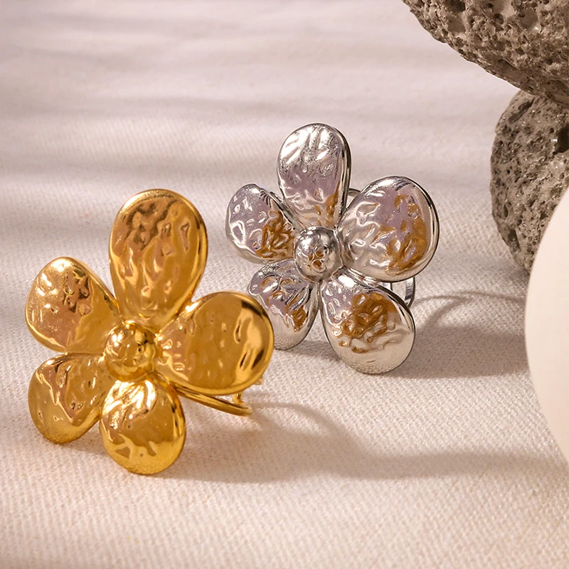 PRISCA | Women Metal Gold Flower Open Ring. Stainless Steel. 18k Gold. Vintage Charms. New