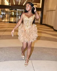 Gold Luxury Short Prom Homecoming Dresses for Black Girl Sparkly Diamond Crystal Feather Birthday Gown vestidos de graduación