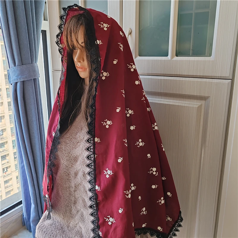 Burgundy Rectangle Wine Red Cotton Embroidered Floral Mantilla Wrap Head Covering Women Catholic Gift Latin Mass Vintage Shawl