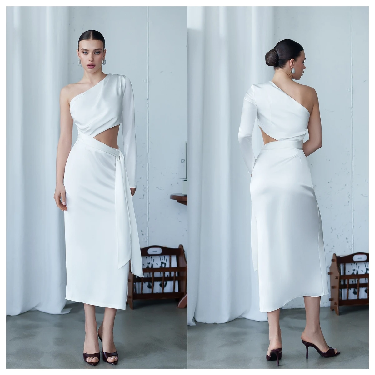 Customized Elegant  White Satin Evening Dress One Shoulder Long Sleeves Celebrity Gowns High Quality Special Occasion Gowns