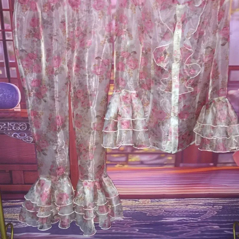 

Men Sexy Pink Glossy Floral Organza Shirt Pant Set Women Sheer Vintage Ruffles Trumpet Bell Bottoms Trousers Tops Erotic Uniform