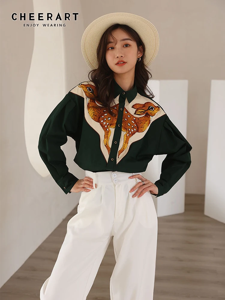 CHEERART Deer Embroidered Long Sleeve Shirt Vintage Button Up Collar Dark Green Shirt For Women Designers Tops And Blouses 2021