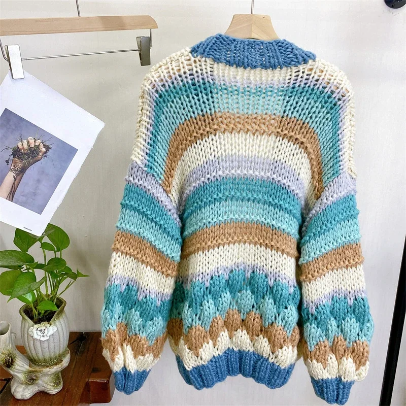 Women Striped Color-block Handmade Chunky Cardigan 2023 Autumn Winter Knit Top Women Clothes