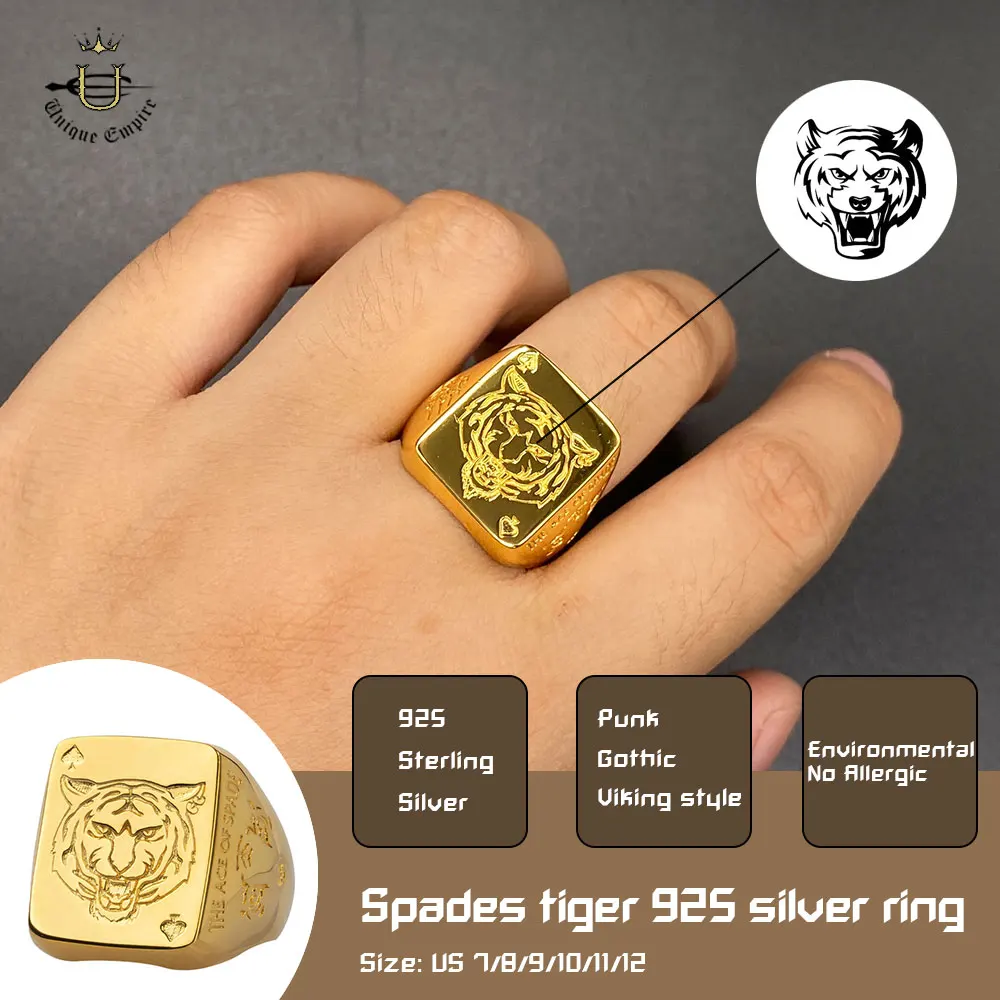 925 Sterling Silver Poker Spades Tiger Gold Ring Trendy Men The Ace Of Band Punk Rock Jewelry