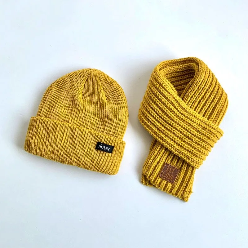 Set Syal Topi Anak-anak Topi Wol Bayi Anak Menengah dan Besar Topi Pullover Rajutan Hangat Tebal Pria dan Anak Perempuan Musim Dingin