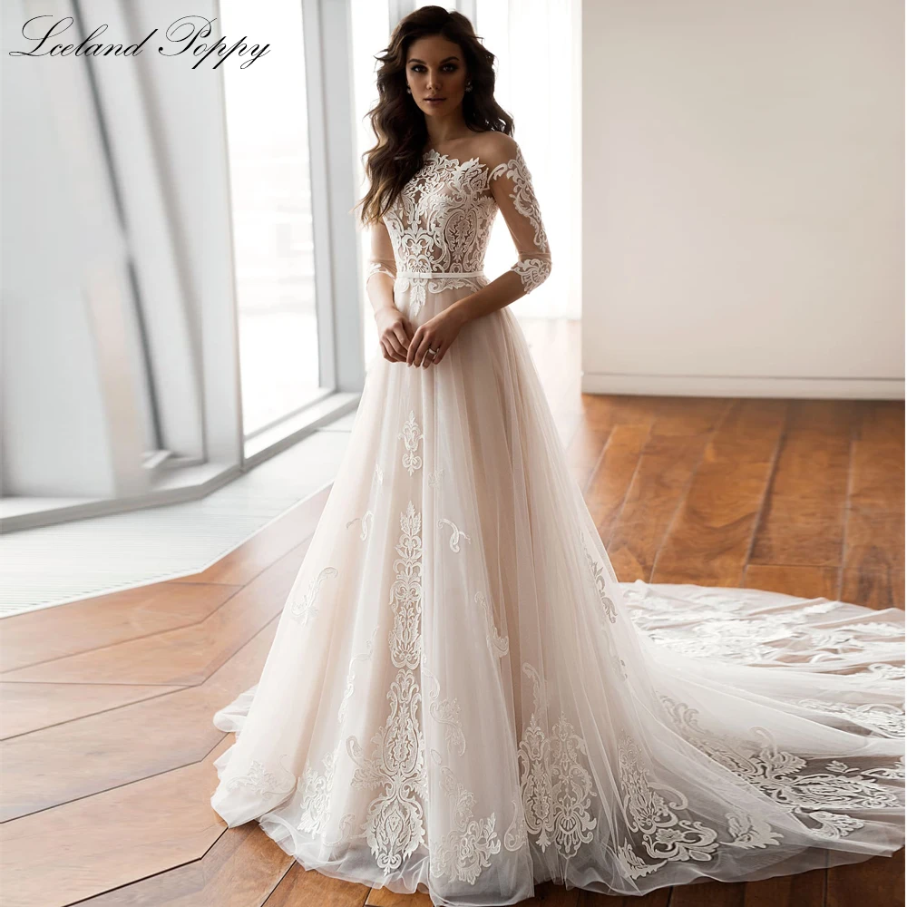 

Lceland Poppy Elegant A Line Lace Appliques Wedding Dresses See Through Floor Length 3/4 Sleeves Bridal Gowns with Chapel Train