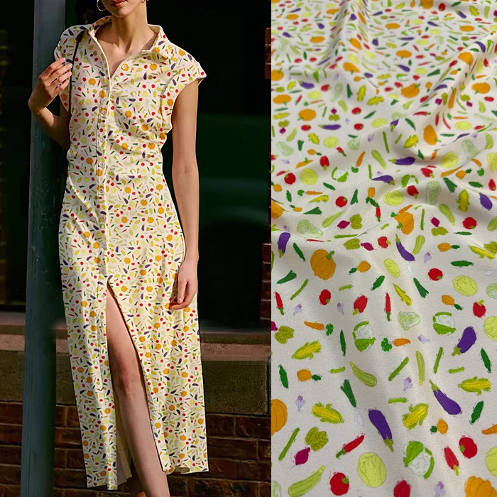 

3m Vegetable Prints Silk Fabric Stretch Crepe De Chine 93% Mulberry Silk 7% Dress Material