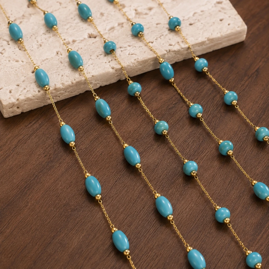 1 Meter Türkis-Perlenkette, PVD-vergoldeter Edelstahl, DIY-Ketten für Halsketten, Armbänder, Schmuckherstellung, Bastelkette