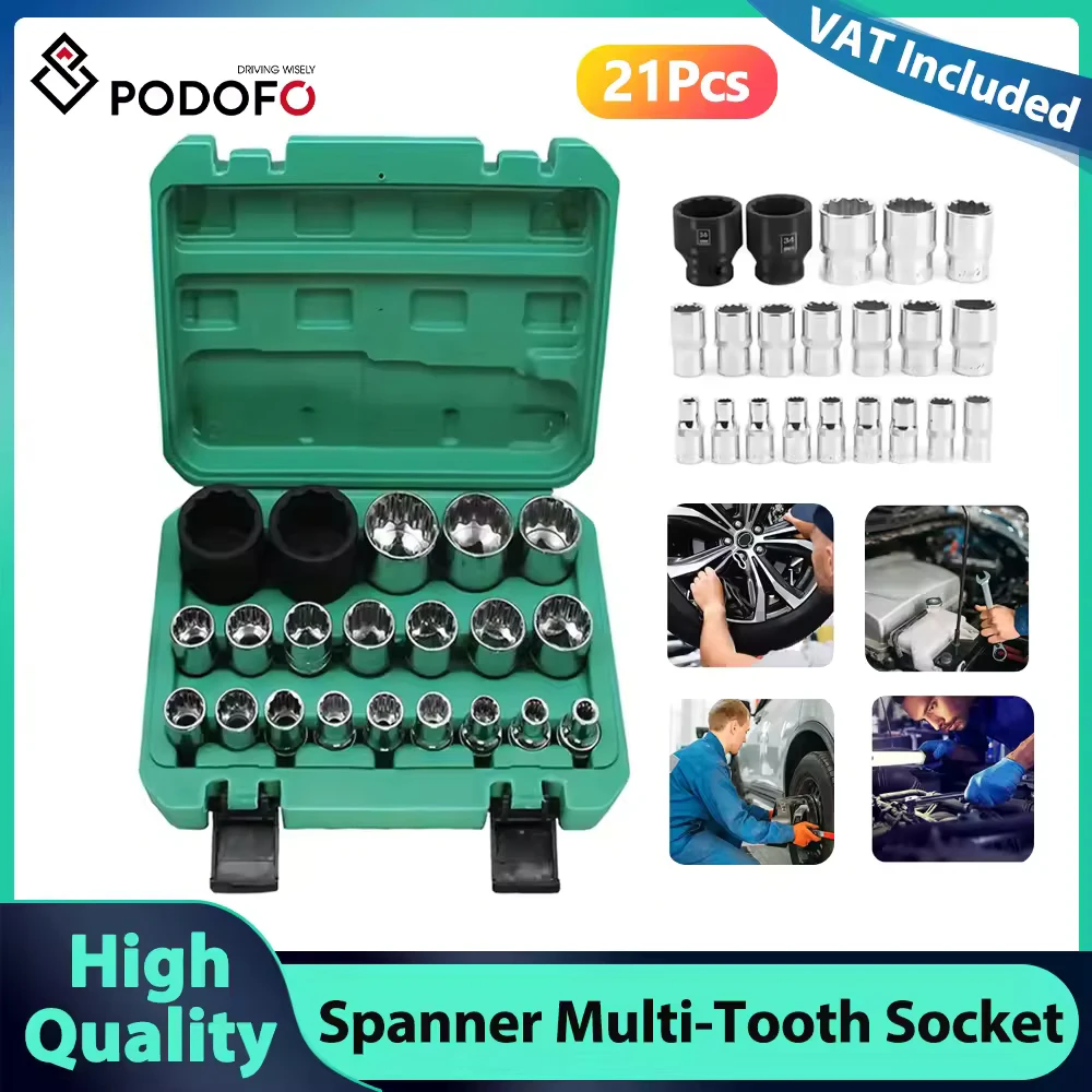 Podofo 21 pièces 1/2 pouces clé multi-dents jeu de douilles pour 6 et 12 Points 8-36mm boîte de douille multi-dents externe écrou de voiture 12 bords