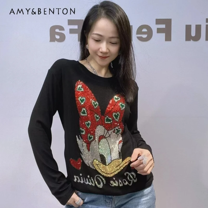 

Beautiful Bottoming Shirt Ladies Long Sleeved Pullovers Y2k Inner Wear T-shirts Slimming Elastic O-Neck Slim Fit Rhinestone Tees