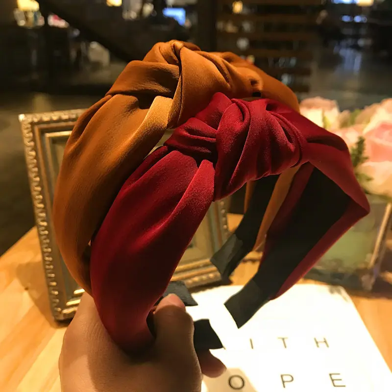 Wine Red Satin Fabric Headband Women Daily Make Up Headwear Top Knot Hairband Adults Hair Hoop All Match Hair Headband