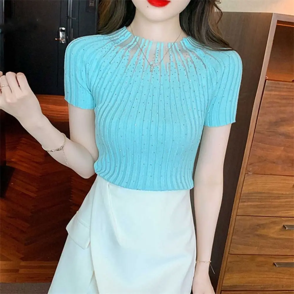 Knitted Diamond-studded Short T-shirt Fashion Round Neck Terylene Thin Knit T-shirt Hugging Slim-fit Cropped Top Women