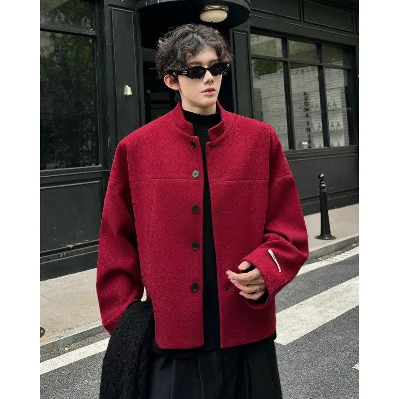 

Новый красный мужской шерстяной пиджак в китайском стиле с воротником-стойкой, молодежный, в корейском стиле, с длинными рукавами, из полиэфирного волокна
