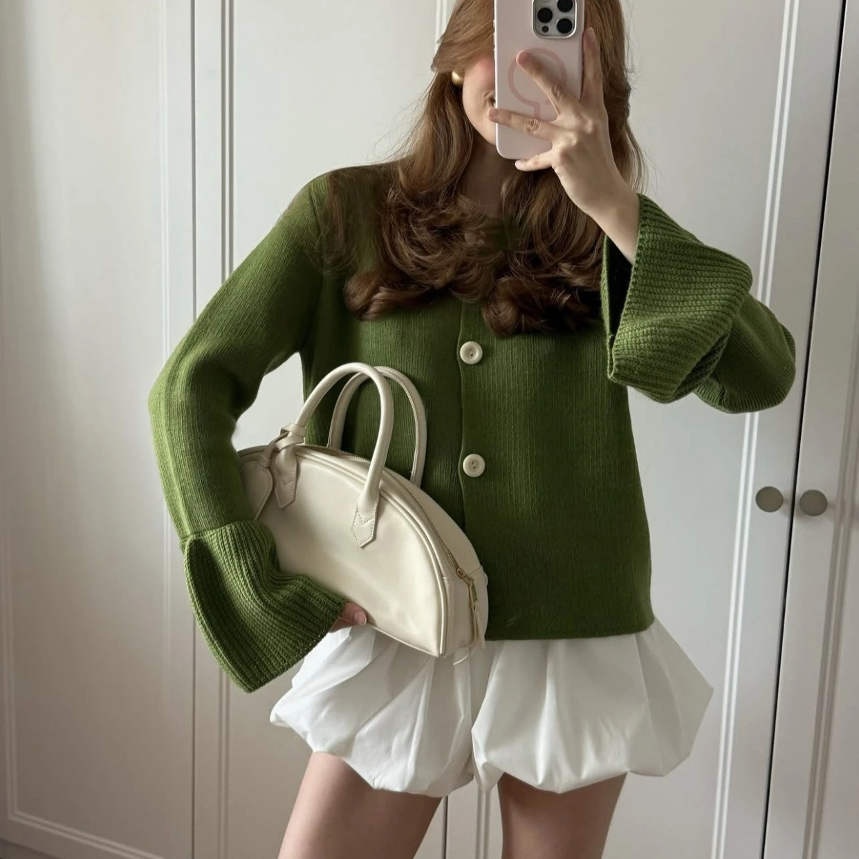 

Green Vintage Sweater Cardigan for Women Elegant Solid Round Neck Long Sleeve Casual Loose Knit Coats Autumn Winter Outwear 2025