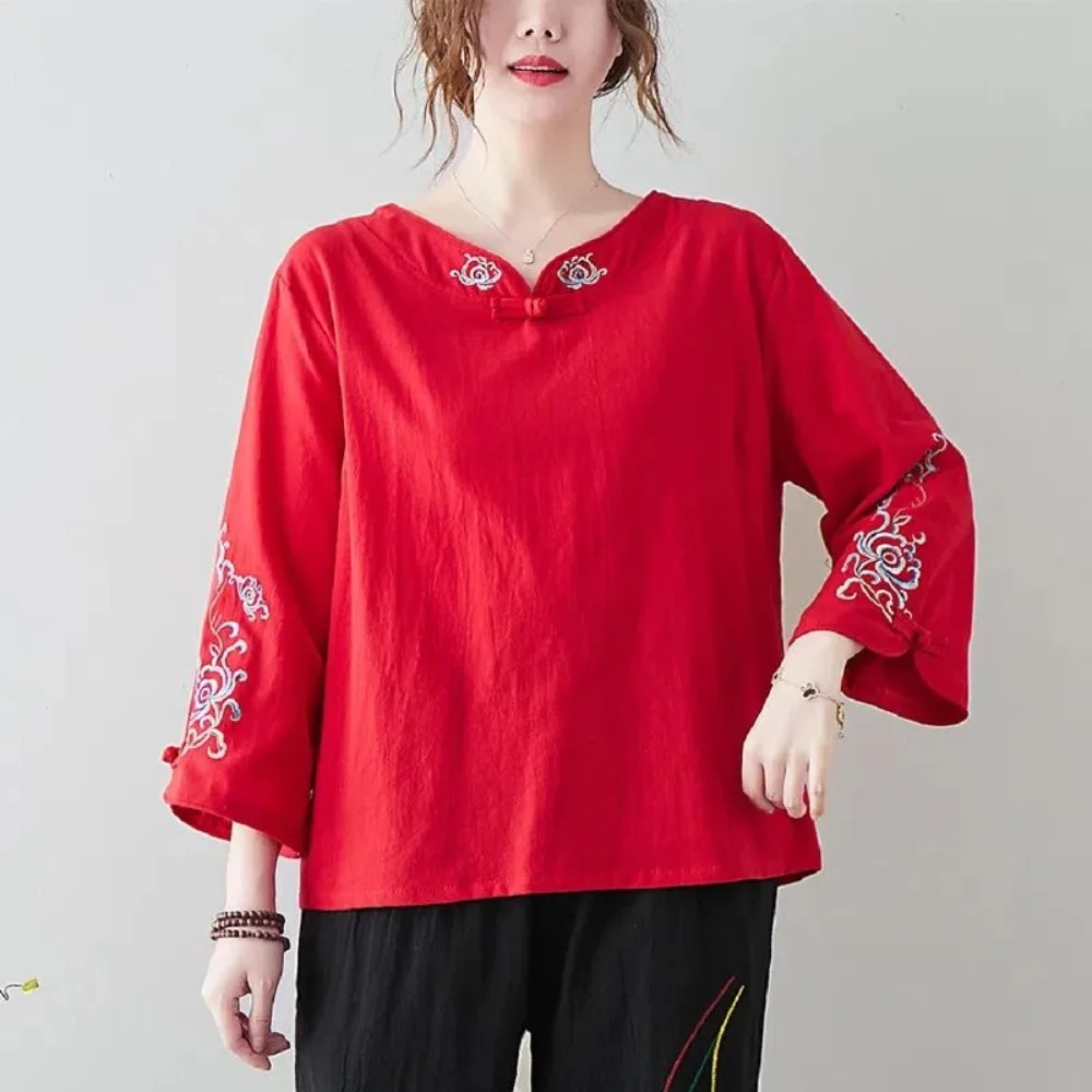 Women's Ethnic Style Loose Plus Size Cotton Linen T-shirt, Spring Autumn Chinese Frog Button Top