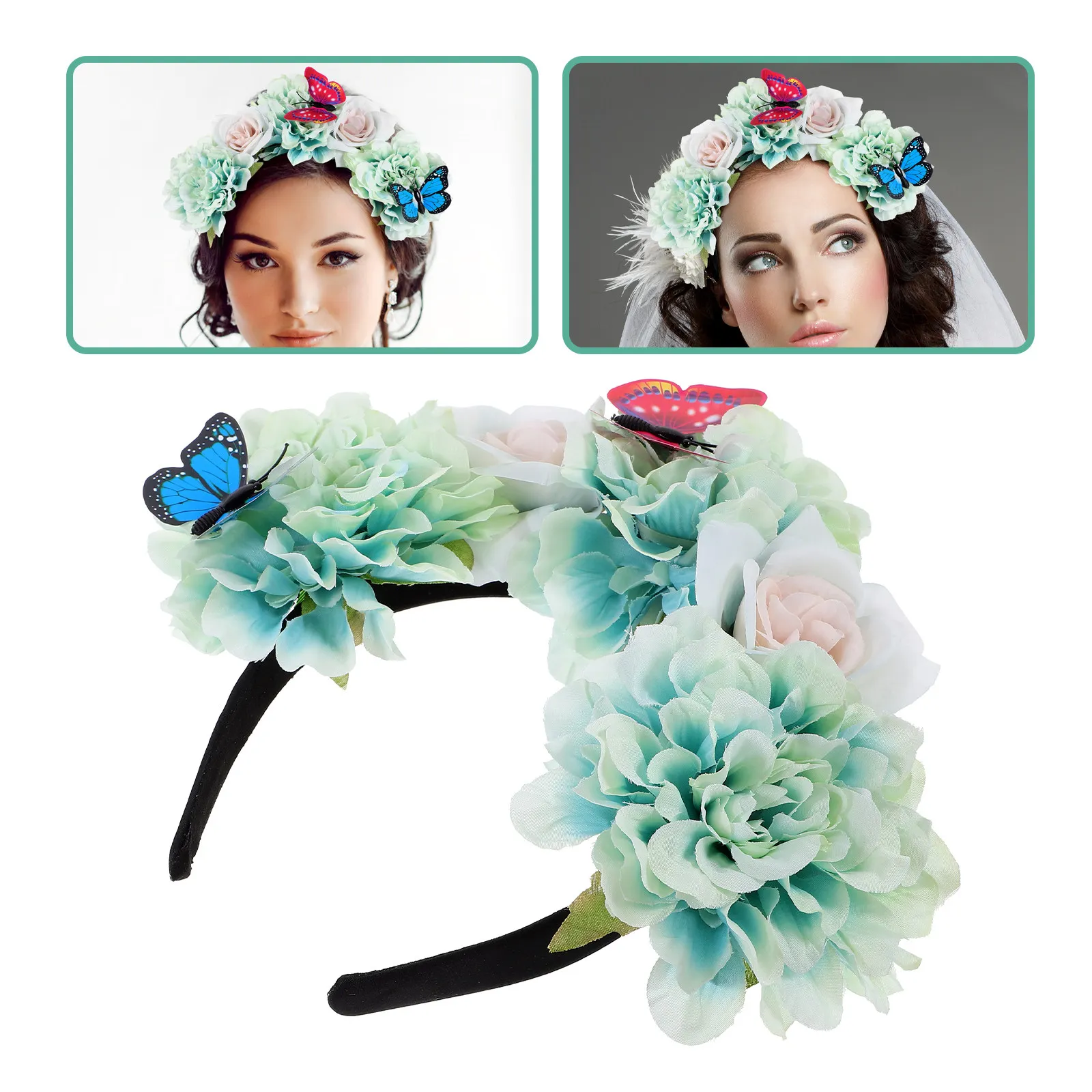 Butterfly Headband Floral Headband Simulated Roses Butterfly Decoration Party Hair Accessories Prom Tea Party Headpiece Women