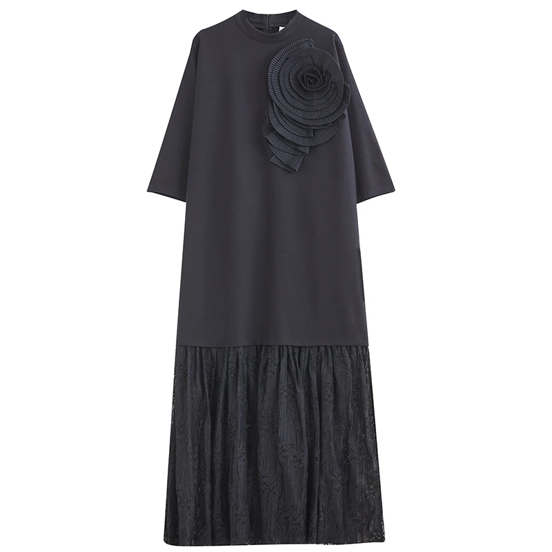 Printemps automne dentelle ample épissage minceur Design sens t-shirt motif de fleur dimensionnel Dr fibre de Polyester a-ligne Midi Dr