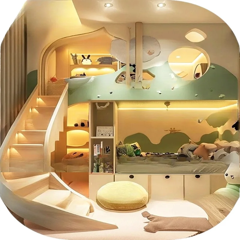 rumah bermain anak, tempat tidur tingkat anak laki-laki dan perempuan, tempat tidur rumah pohon hijau, tempat tidur tingkat hutan angin