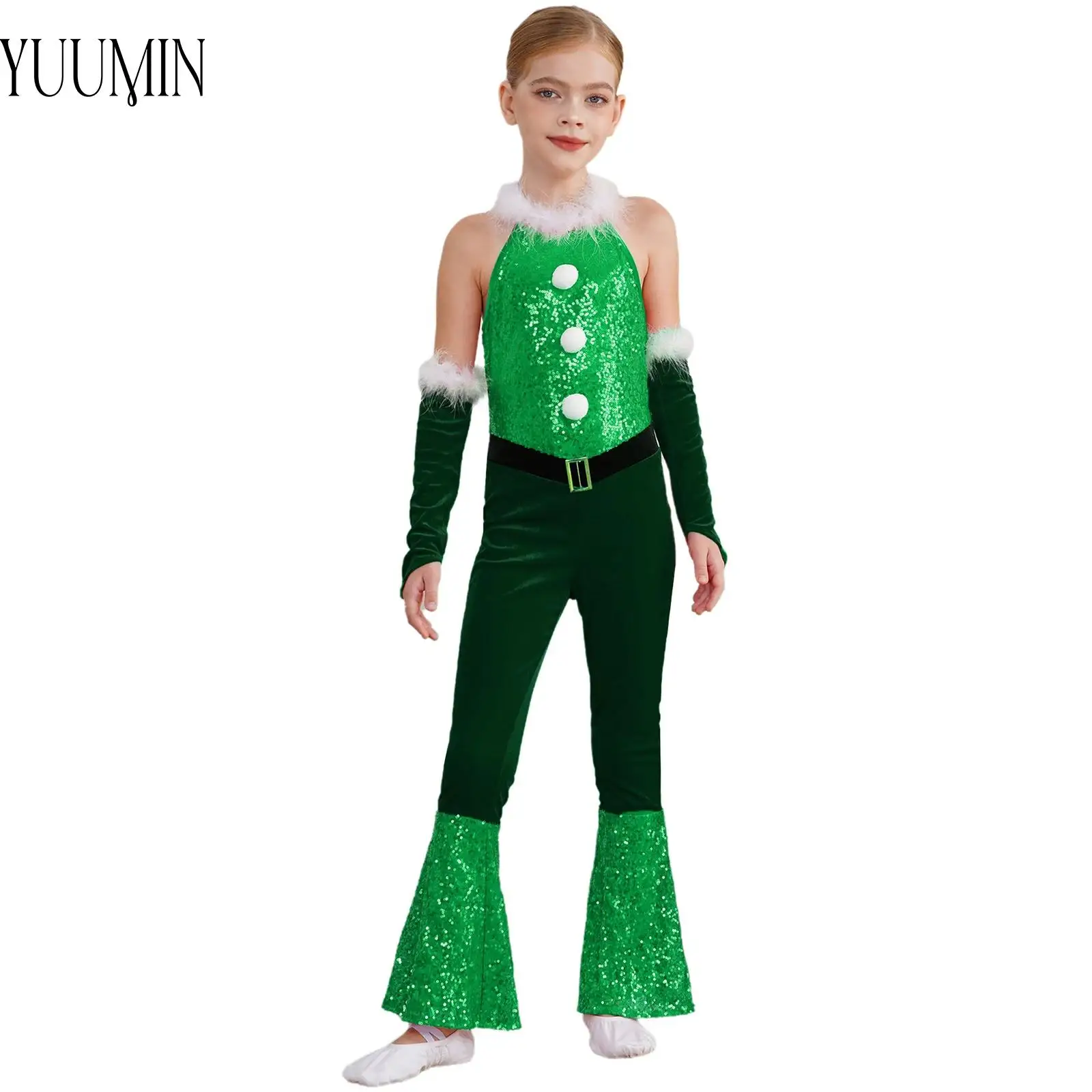 Girls Christmas Costume Jazz Dance Party One Piece Sleeveless Velvet Bodysuit Plush Sequins Flared Jumpsuit with Arm Sleeve Set