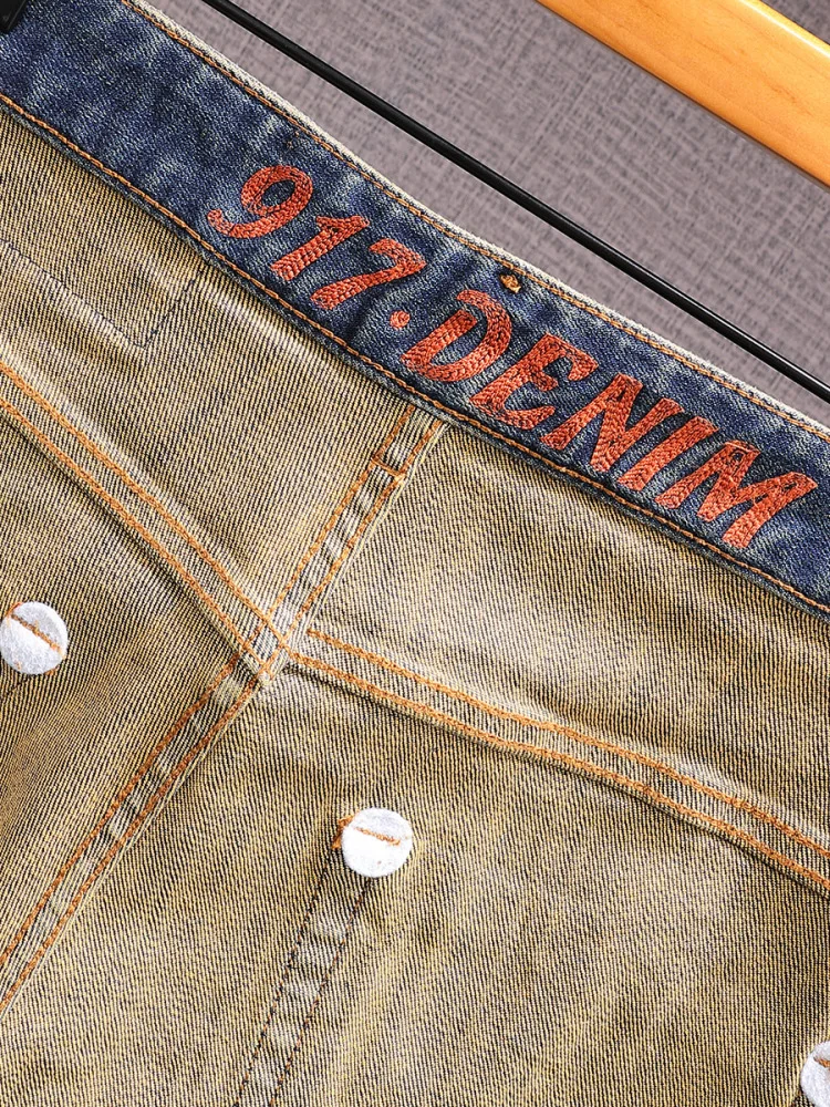 Celana Jeans Retro Amerika Kelas Atas Desain Bordir Pria Model Distressed Stretch Straight Panjang