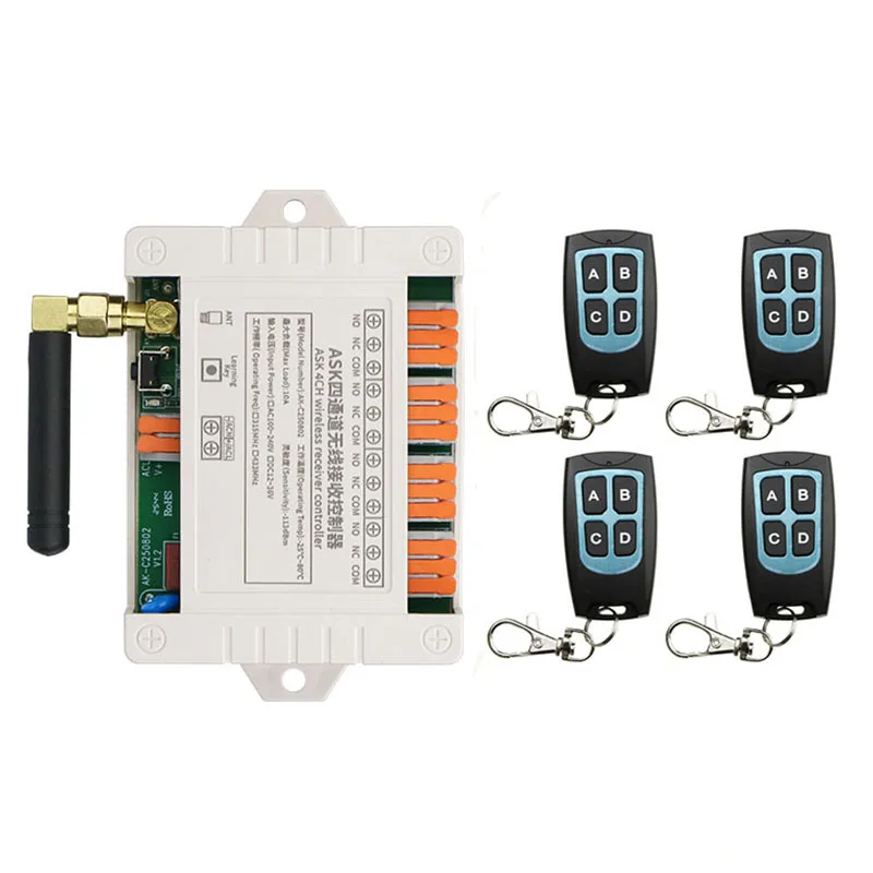 Smart Multiple DC 12V 24V 36V 433MHz 4 CH 4 Channel Wireless 10A Relay RF Remote Control Switch Receiver + 4CH Metal Transmitter