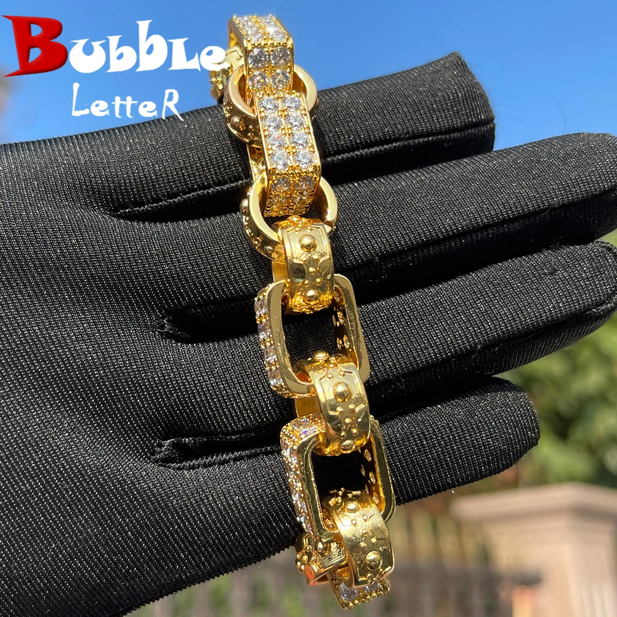 Bubble Letter 14mm Box Link Men\'s Bracelet Iced Out Cubic Zirconia Prong Setting Fashion Hip Hop Punk Jewelry 2023 Trending Gift