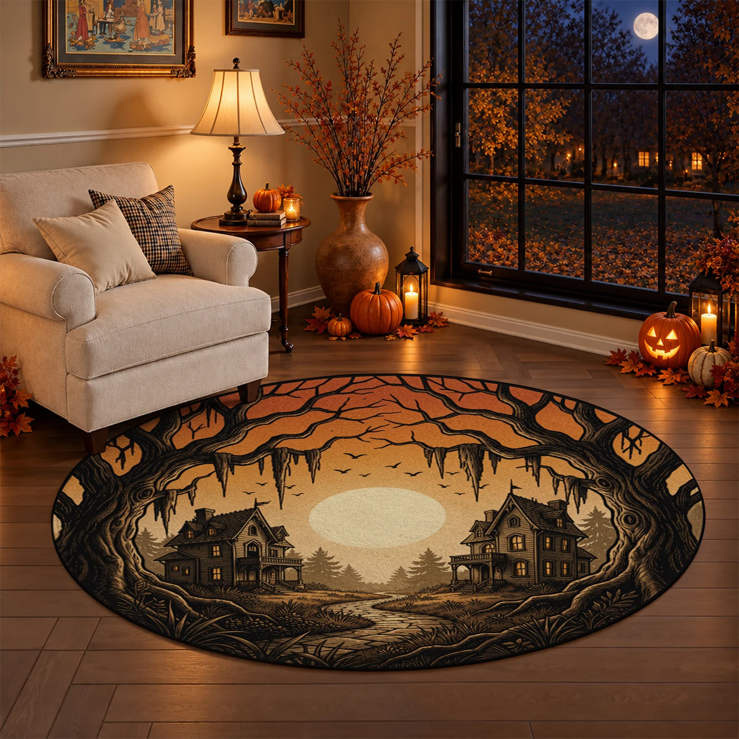 Spooky Haunted Mansion Forest Full Moon Circular Pattern Round Area Rug Velvet Machine Washable for Living Room Bedroom Entryway Dining Room Halloween Thanksgiving Black Friday Cyber Monday Christmas New Year