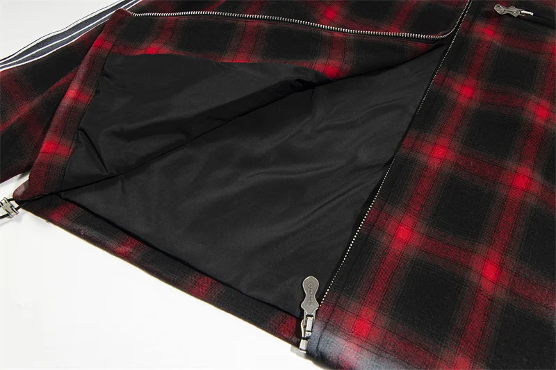 Black and Red Plaid Zipper Cardigan Thug Club Jacket Cotton Casual Hooded Long Sleeved Coat for Men and Women
