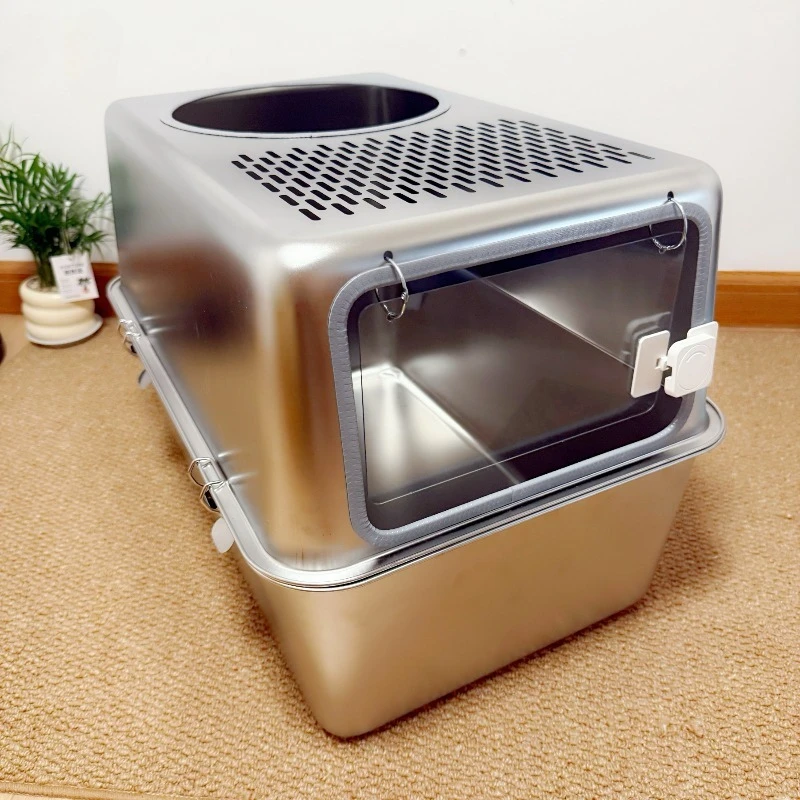 Caja arena para gatos acero inoxidable, sistema inodoro para gatos doble capa, orinal cerrado Jumbo para mascotas, o