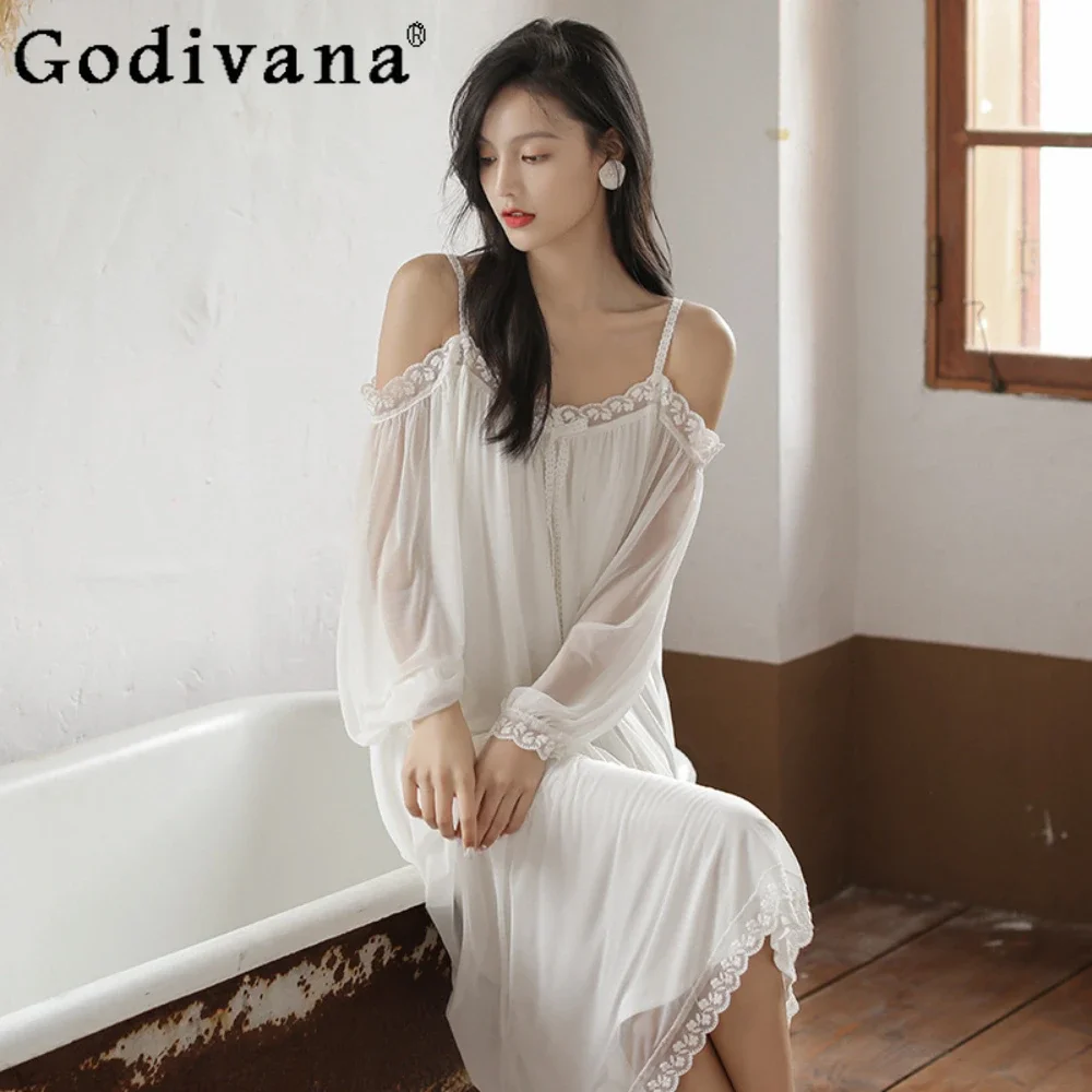 Court Style Pajamas Women's Sleepwear French Lace Suspender Sexy Dress Nightgowns Robe Homewear Set Dress