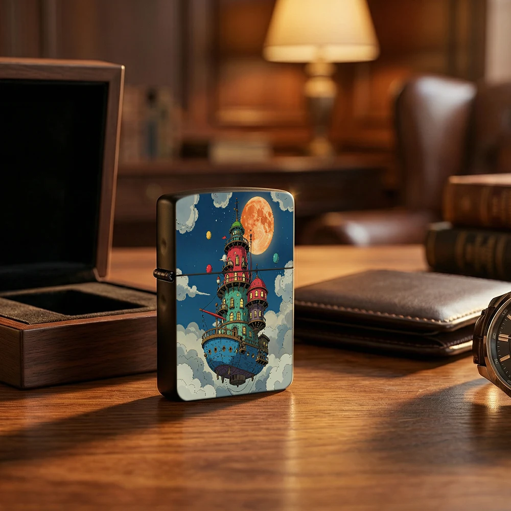 Flip Top Lighter Steampunk Flying Castle Moon Clouds Fantasy Art Pattern lighters vintage lighters for smokers