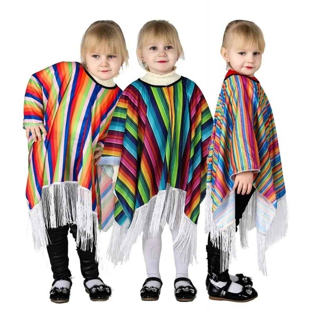 High Quality Colorful Striped Ethnic Style Cloak Tassel Trim Lightweight Mexican Poncho Performance Costume Cape for Kids