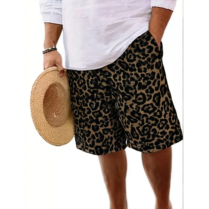

Мужские повседневные летние шорты в уличном стиле с леопардовым принтом, широкими штанинами и карманами