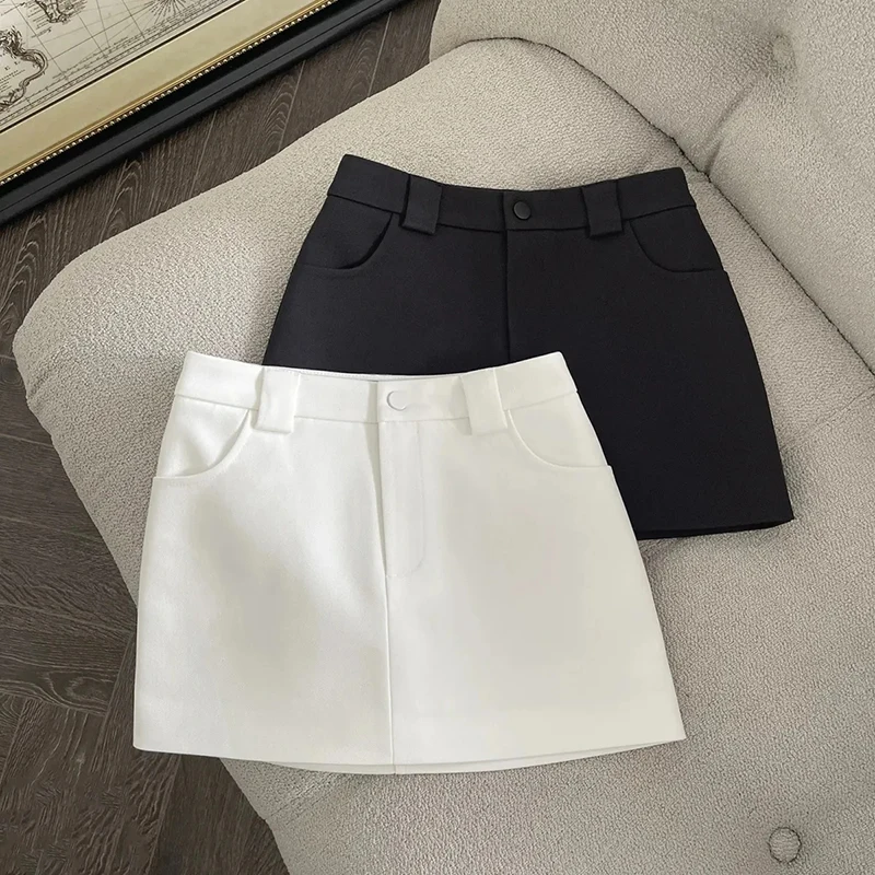 Sexy Slim Fit Mini Skirt Women Summer Simple Office Lady Solid Suit Skirts High Waist A Line Hottie Fashion Female Pocket Skirt