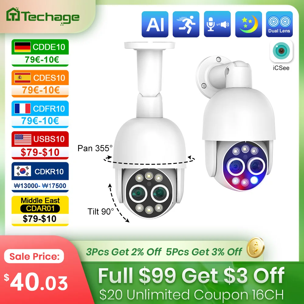Techage ptz 4k 8mp poe câmera 8x zoom híbrido 2.8mm 12mm lente dupla áudio em dois sentidos cor visão noturna detecção humana poe câmera ip