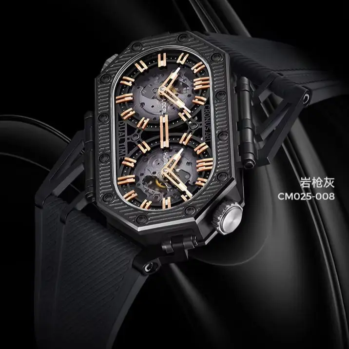 

CRONUSART Мужские автоматические часы 50 мм * 29 мм Механические наручные часы с двумя часовыми поясами Дизайн из фторкаучука Ремешок Сапфировое зеркало